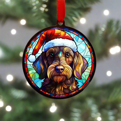 Dachshund Wirehaired in Santa Hat Suncatcher Decoration